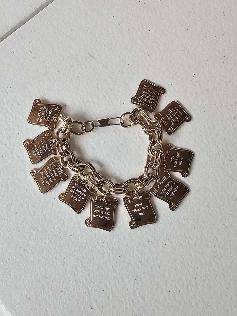 Vintage Ten Commandments Scroll Charm Bracelet Gold Tone
